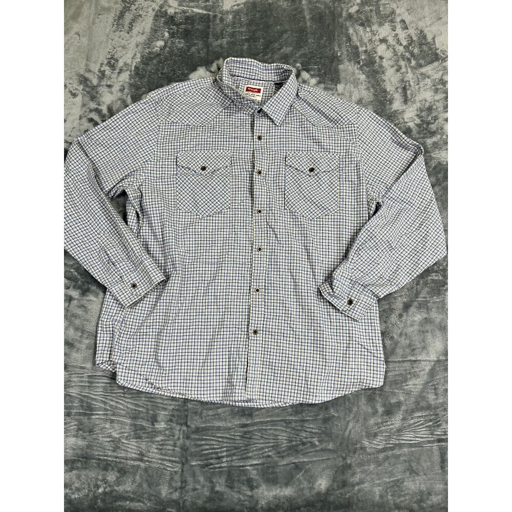 Wrangler Mens Blue & White Plaid Button-Up Flannel Shirt 2XL Long Sleeve